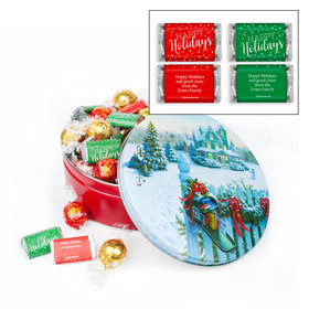 Personalized Happy Holidays Hershey's Miniatures & Lindt Truffles Christmas Mail Tin - 1.8 lb