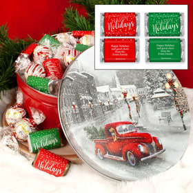 Personalized Happy Holidays Hershey's Miniatures & Lindt Truffles Snowy Drive Christmas Tin - 1.8 lb