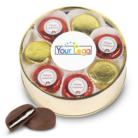 Personalized Chocolate Covered Oreo Cookies Add Your Logo' Happy Holidays Gold Extra-Large Plastic Tin