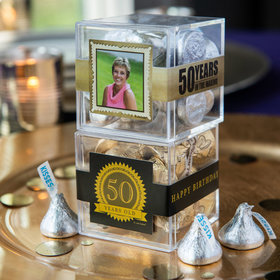 Personalized Milestone 50th Birthday JUST CANDY® favor cube with Hershey's Kisses