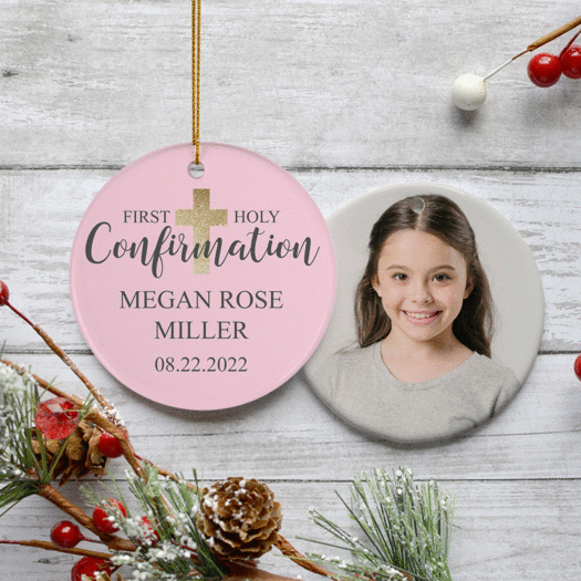 Personalized Holy Confirmation Pink Photo Christmas Ornament