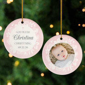 Personalized Christening Pink Photo Christmas Ornament