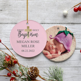 Personalized Holy Baptism Pink Photo Christmas Ornament