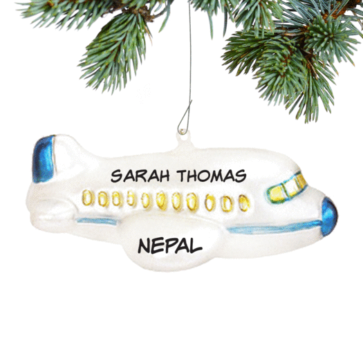 Personalized White Airplane with Blue Trim Christmas Ornament