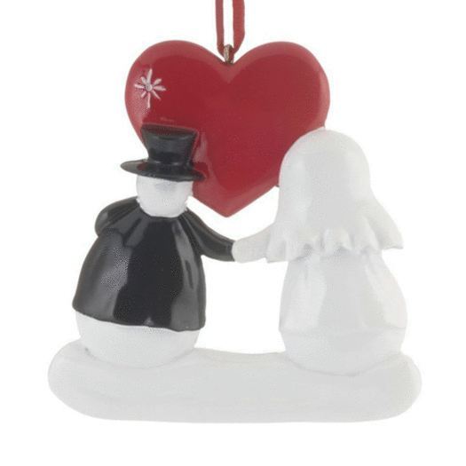 Snowman Wedding Couple with Red Heart Christmas Ornament
