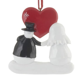 Snowman Wedding Couple with Red Heart Christmas Ornament