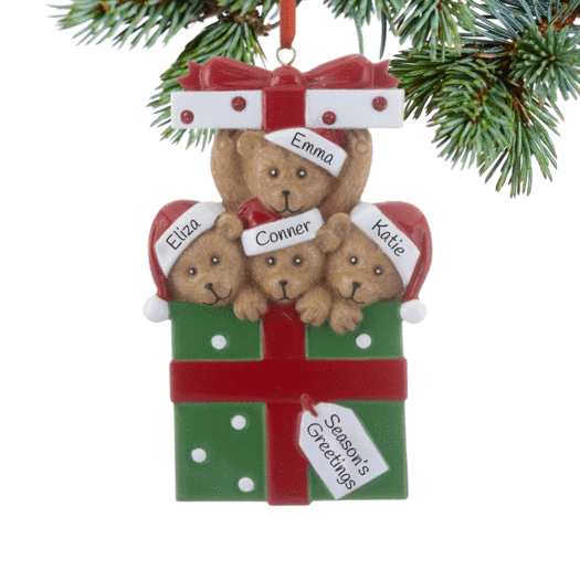 Personalized Bear Present Family of 4 Christmas Ornament