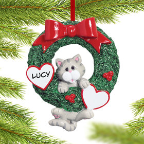 Personalized Cat Wreath (Grey Tabby) Christmas Ornament