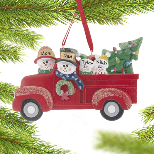 Personalized Vintage Red Truck Family of 4 Christmas Ornament