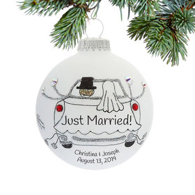 Personalized Just Married Car with Groom and Bride Christmas Ornament