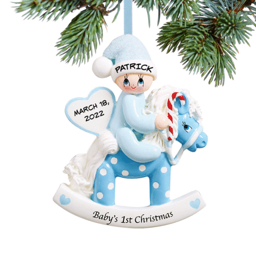 Personalized Baby's First Christmas Rocking Horse Blue Christmas Ornament