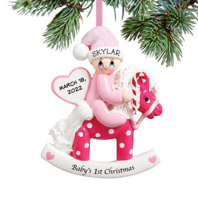 Personalized Baby's First Christmas Rocking Horse Pink Christmas Ornament