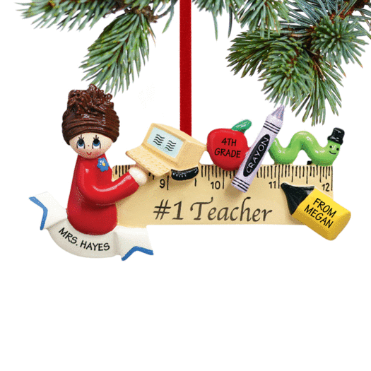 Personalized Teacher with Computer on Ruler Christmas Ornament