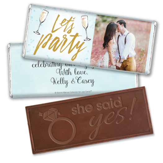 Personalized Bonnie Marcus Engagement Champagne Party Embossed Chocolate Bar & Wrapper