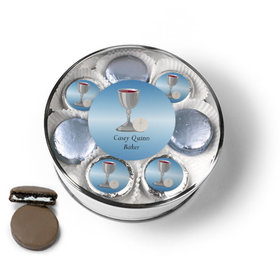 Personalized First Communion Blue Host & Silver Chalice Chocolate Covered Oreo Cookies Extra-Large Plastic Tin