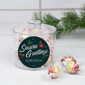 Personalized Christmas Pointsettia Season Greetings Lindor Truffles Short Canister Gift - Peppermint Truffles
