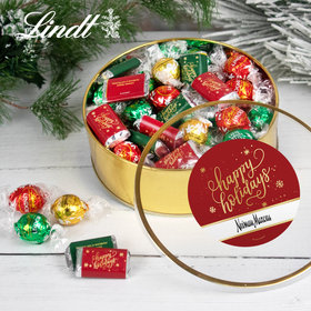 Personalized Corporate Happy Holidays Extra-Large Plastic Tin with Approx 1lb Hershey's Miniatures and Lindor Truffles by Lindt