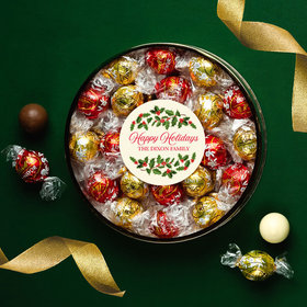 Personalized Happy Holidays Large Plastic Tin with Lindor Truffles by Lindt - 24pcs