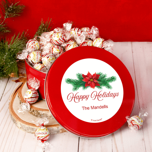 Personalized Christmas Poinsettia Tin with Lindor Truffles by Lindt - 24pcs