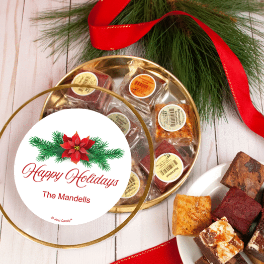 Personalized Happy Holidays Poinsettia Tin with Brownies