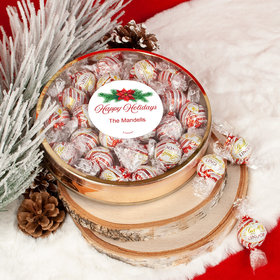 Personalized Happy Holidays Poinsettia Large Plastic Tin Lindor Peppermint Truffles by Lindt (20pcs)