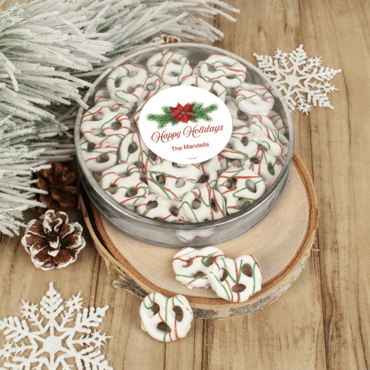 Personalized Happy Holidays Poinsettia Large Plastic Tin Holiday Yogurt Pretzels - approx 40pcs