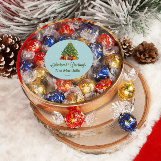 Personalized Christmas Season's Greetings Large Plastic Tin with Lindor Truffles by Lindt - 24pcs