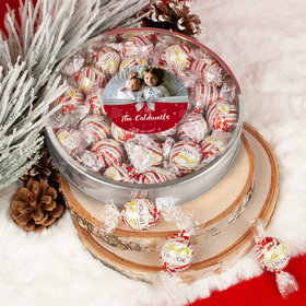 Personalized Christmas Welcoming Joy Large Plastic Tin Lindor Peppermint Truffles by Lindt (20pcs)