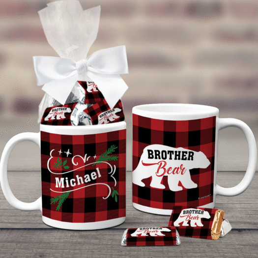 Personalized Plaid Brother Bear 11oz Coffee Mug with approx. 24 Wrapped Hershey's Miniatures
