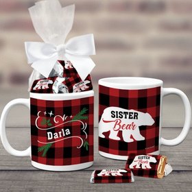Personalized Plaid Sister Bear 11oz Coffee Mug with approx. 24 Wrapped Hershey's Miniatures