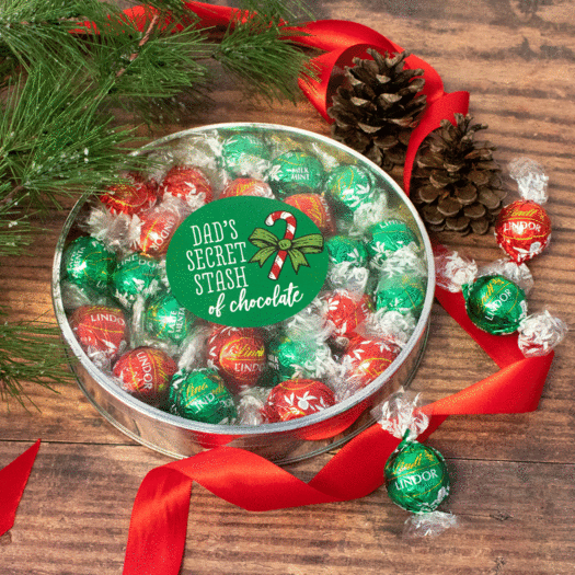 Personalized Christmas Secret Stash of Chocolate Large Plastic Tin with Lindor Truffles by Lindt - 24pcs