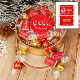 Personalized Happy Holidays Extra-Large Plastic Tin with Approx 1.2lb Personalized Hershey's Miniatures and Lindor Truffles by Lindt