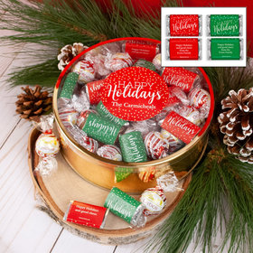 Personalized Hershey's Happy Holidays Miniatures and Peppermint Lindor Truffles by Lindt XL Plastic Tin - 1 lb
