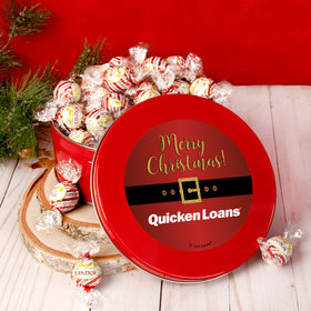 Personalized Christmas Add Your Logo Santa Buckle Tin with Lindor Truffles by Lindt - 24pcs