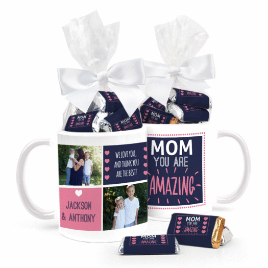 Personalized Mother's Coffee Mug with approx. 24 Wrapped Hershey's Miniatures - Amazing Mom