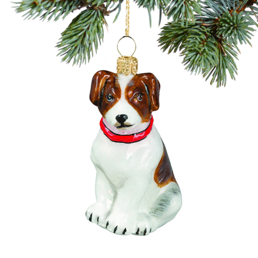 Glass Jack Russell Terrier Brown and White with Red Collar Christmas Ornament