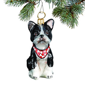 Glass Boston Terrier with Bandana Christmas Ornament