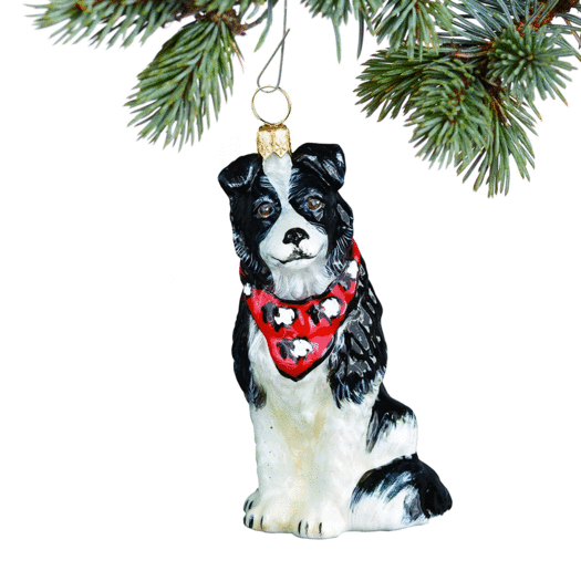 Glass Border Collie with Sheep Bandana Christmas Ornament
