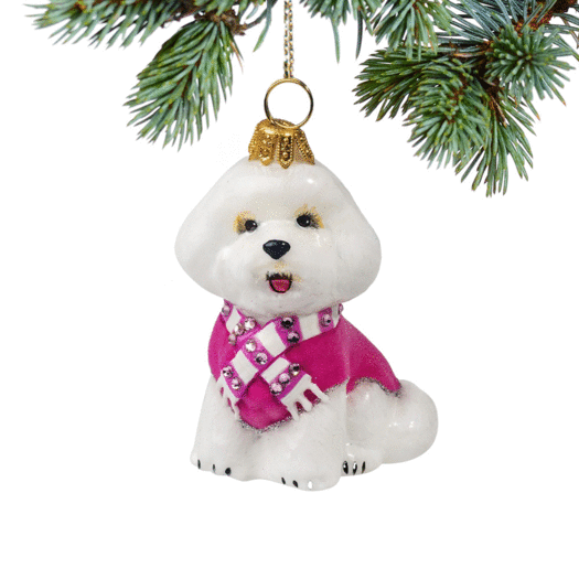 Glass Bichon Frise with Pink Velvet Coat and Scarf Christmas Ornament