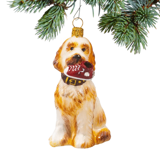 Glass Goldendoodle with High Top Sneaker Christmas Ornament