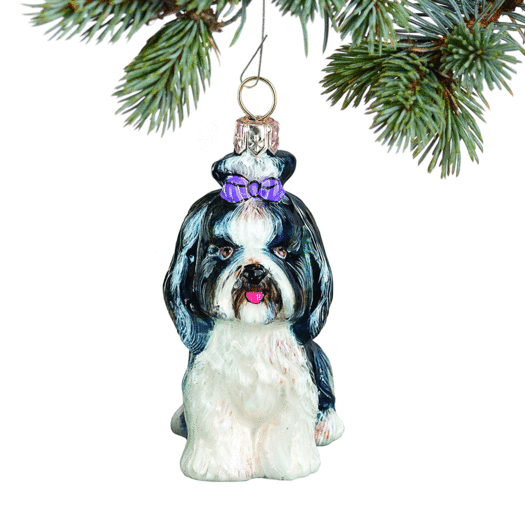 Glass Shih Tzu with Top Knot Black and White Christmas Ornament