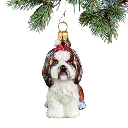 Glass Shih Tzu with Top Knot Brown and White Christmas Ornament