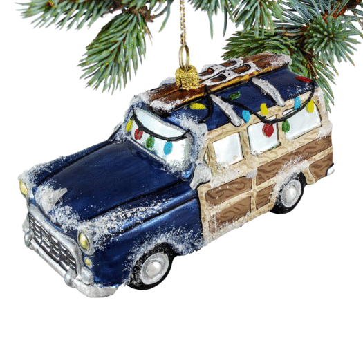Glass Woody Car with Skies Christmas Ornament