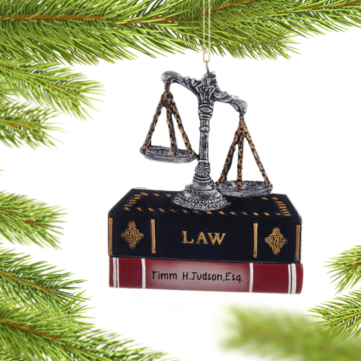 Personalized Lawyer Justice Scales and Books Christmas Ornament