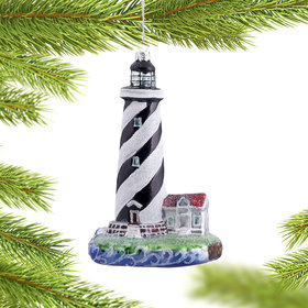 Personalized Black and White Striped Lighthouse Christmas Ornament
