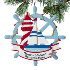 Personalized Nautical Sailboat With Lighthouse Christmas Ornament