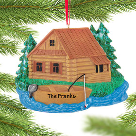 Personalized 3" Resin Lodge Cabin With Boat Christmas Ornament