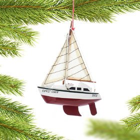 Personalized Wooden Yacht Sailboat with Red Hull Christmas Ornament