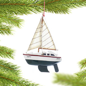 Personalized Wooden Sailboat with Green Hull Christmas Ornament