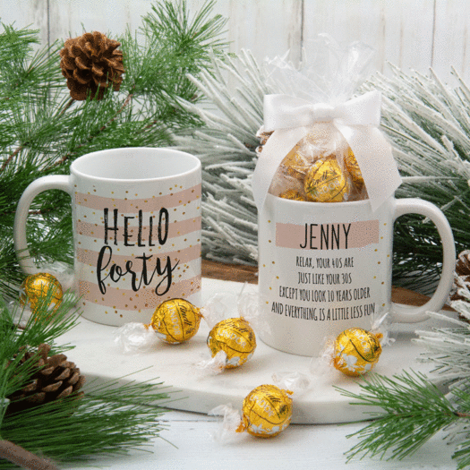 Personalized Hello Forty 11oz Mug with Lindt Truffles